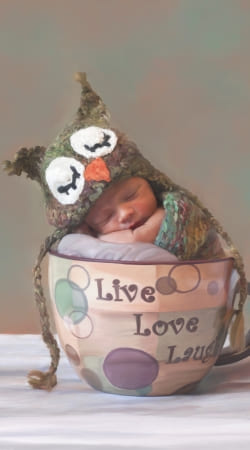 cover Painting Baby With Owl Cap in a Teacup