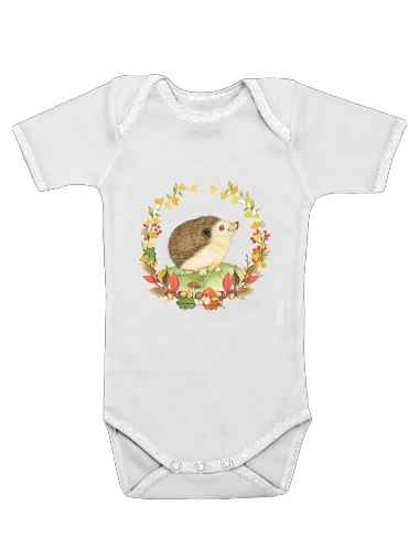  watercolor hedgehog in a fall woodland wreath for Baby short sleeve onesies