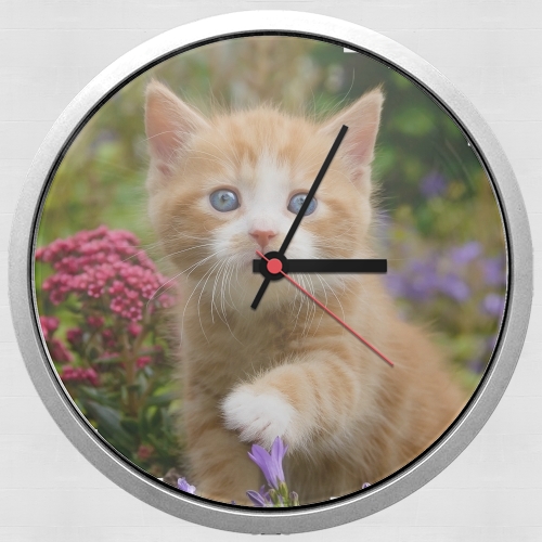 Cute ginger kitten in a flowery garden, lovely and enchanting cat for Wall clock