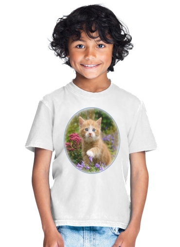  Cute ginger kitten in a flowery garden, lovely and enchanting cat for Kids T-Shirt