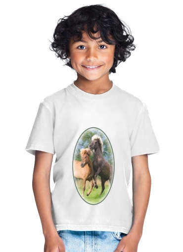  Two Icelandic horses playing, rearing and frolic around in a meadow for Kids T-Shirt
