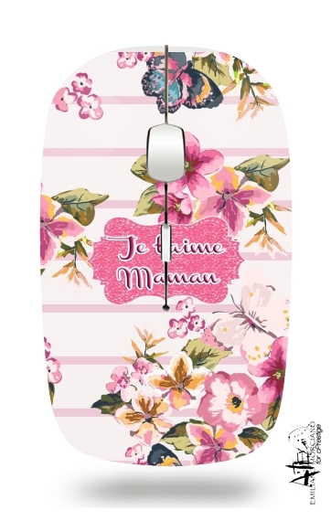  Pink floral Marinière - Je t'aime Maman for Wireless optical mouse with usb receiver