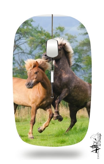  Two Icelandic horses playing, rearing and frolic around in a meadow for Wireless optical mouse with usb receiver