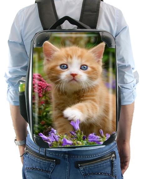  Cute ginger kitten in a flowery garden, lovely and enchanting cat for Backpack