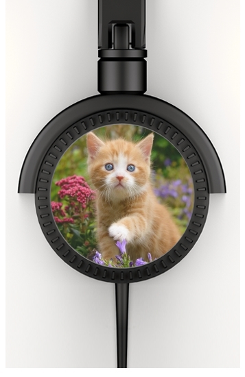  Cute ginger kitten in a flowery garden, lovely and enchanting cat for Stereo Headphones To custom