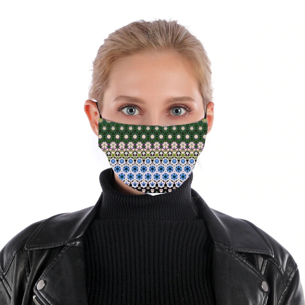  Abstract ethnic floral stripe pattern white blue green for Nose Mouth Mask