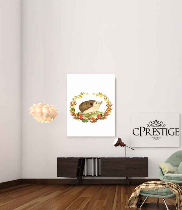  watercolor hedgehog in a fall woodland wreath for Art Print Adhesive 30*40 cm