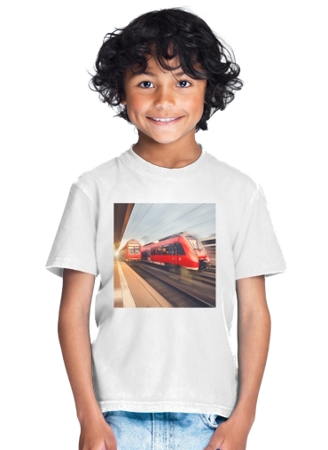  Modern high speed red passenger trains at sunset. railway station for Kids T-Shirt