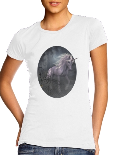 Women's Classic T-Shirt for A dreamlike Unicorn walking through a destroyed city