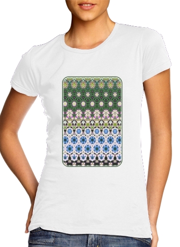 Women's Classic T-Shirt for Abstract ethnic floral stripe pattern white blue green