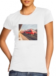 T-Shirts Modern high speed red passenger trains at sunset. railway station