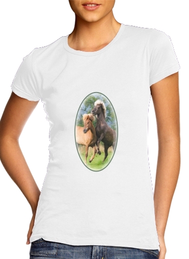  Two Icelandic horses playing, rearing and frolic around in a meadow for Women's Classic T-Shirt