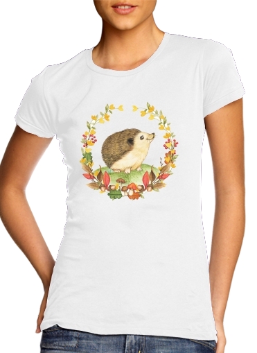  watercolor hedgehog in a fall woodland wreath for Women's Classic T-Shirt