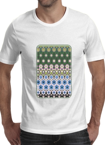 Men T-Shirt for Abstract ethnic floral stripe pattern white blue green
