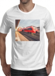 T-Shirts Modern high speed red passenger trains at sunset. railway station