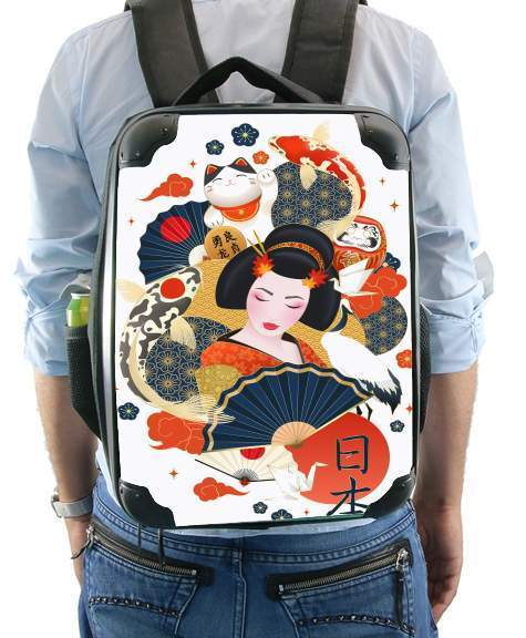  Japanese geisha surrounded with colorful carps for Backpack