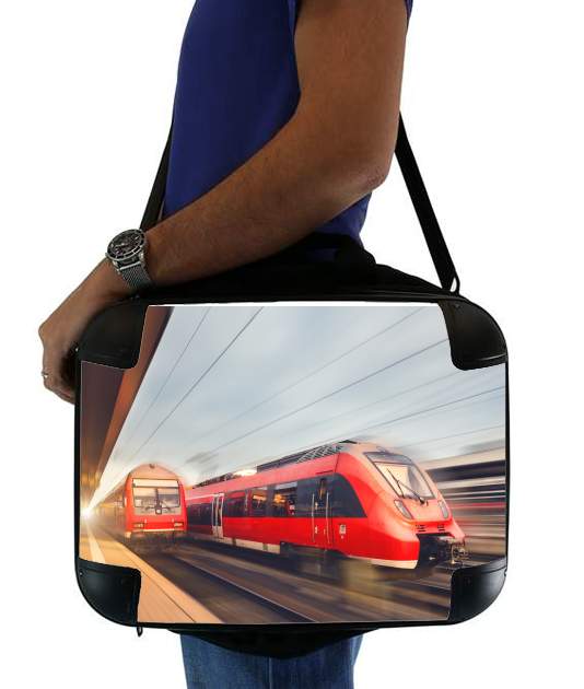  Modern high speed red passenger trains at sunset. railway station for Laptop briefcase 15" / Notebook / Tablet